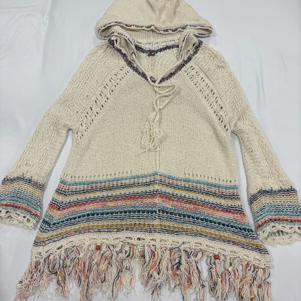 Free People Cream Hooded Crochet Fringe Sweater with Multicolor Stripes Boho